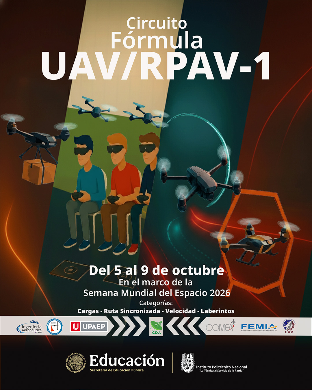 Cartel oficial Competencia de Drones 2026 - Fechas: 5 al 9 de Octubre 2026, Sede: Centro de Desarrollo Aeroespacial, Categorías: Carrera, Acrobacia, Precisión, Innovación